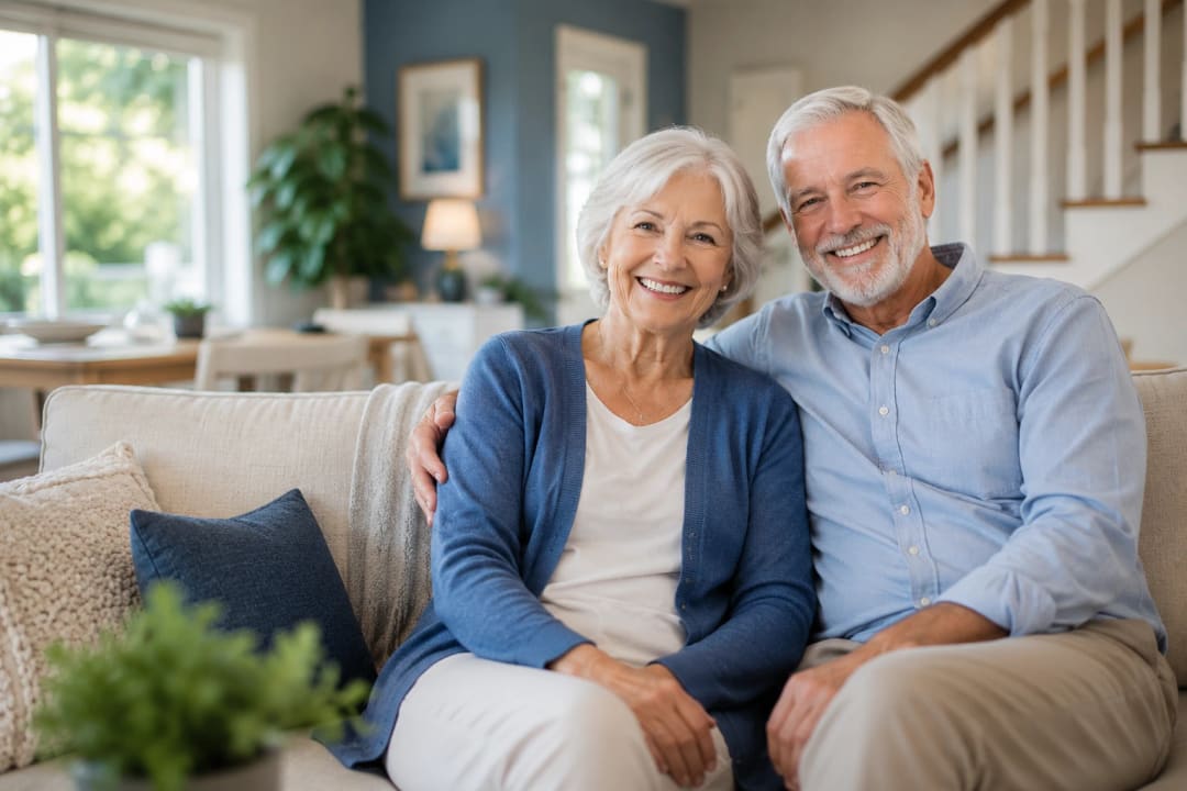 A smiling older couple sitting together on a couch in a bright, comfortably furnished living room.